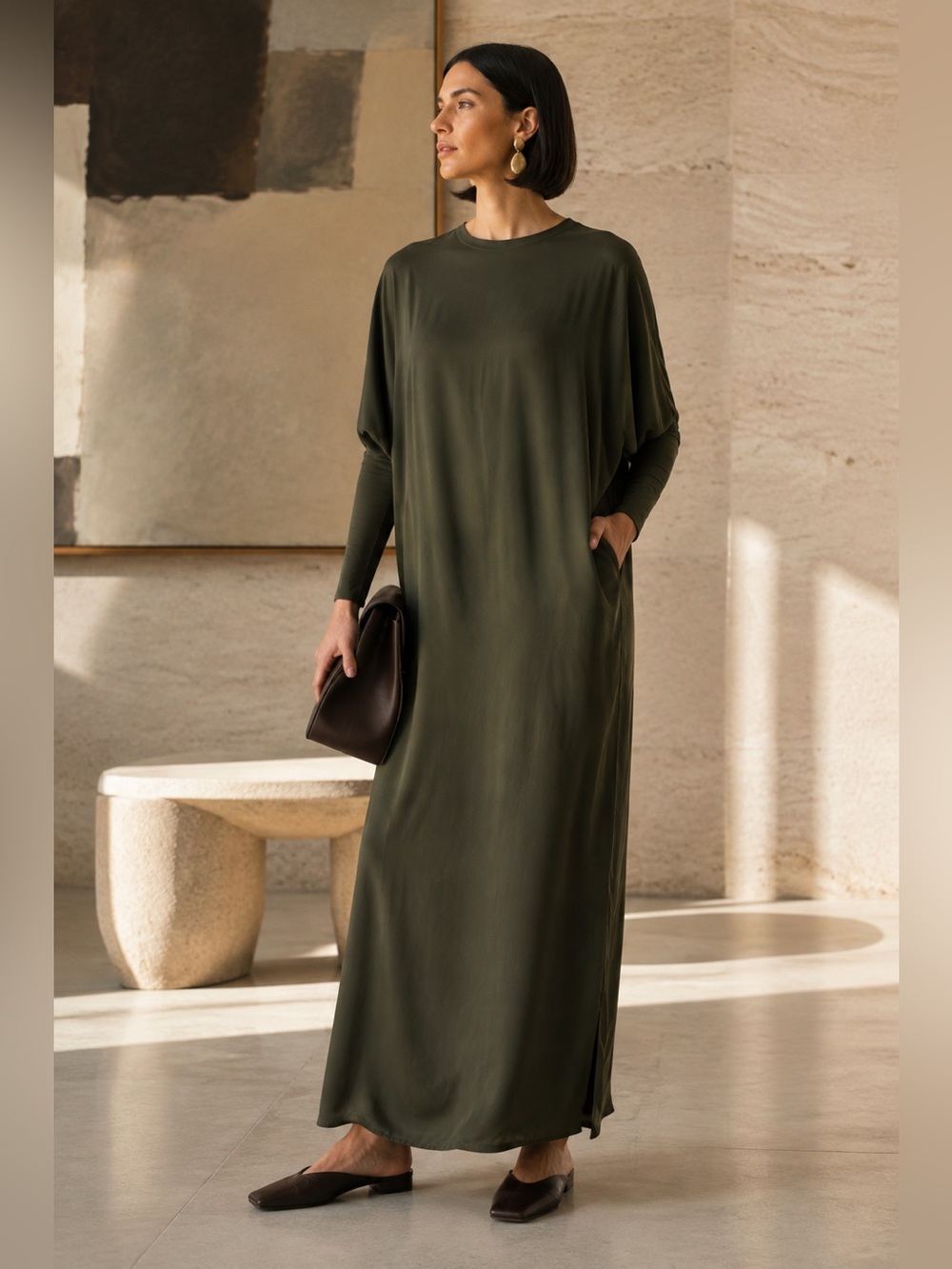 Zara Olive Green Satin Dolman Sleeve Maxi Dress XL